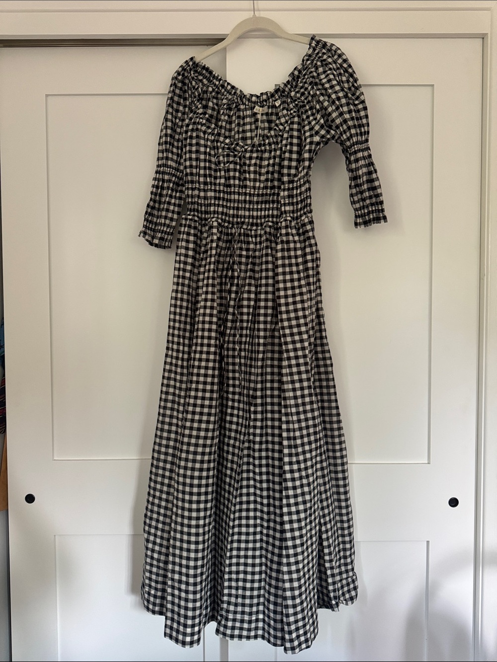NWT Doen Ischia Dress Black & White Gingham Off-Shoulder Maxi Dress